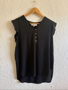 LOFT Black Cap-Sleeve Henley Blouse